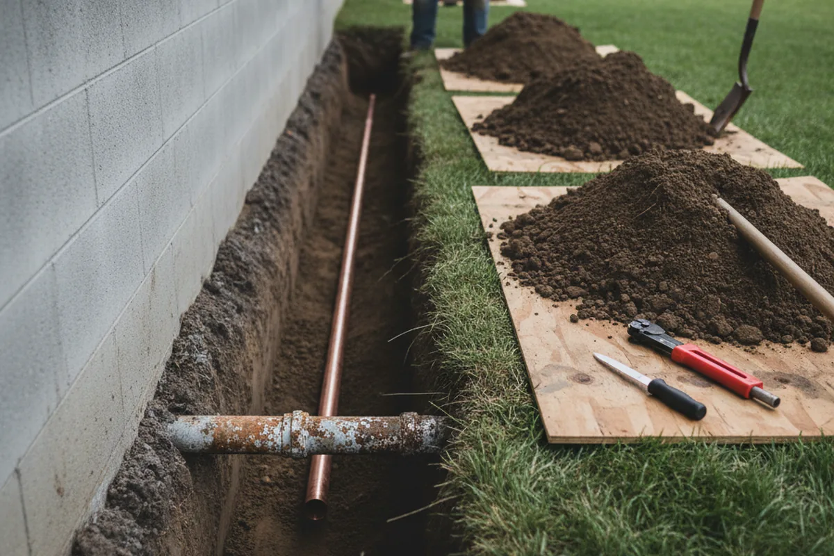 Excavated water line trench during Sewer Line Repair in Searchlight